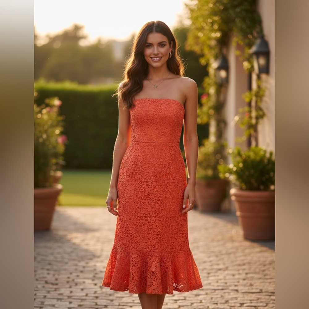 Warehouse UK | Orange Lace Fit & Flare Strapless Dress | NWT | Sz 6
